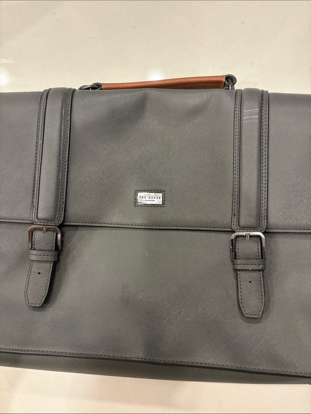 Ted Baker Gray Leather Briefcase with Brown Handle